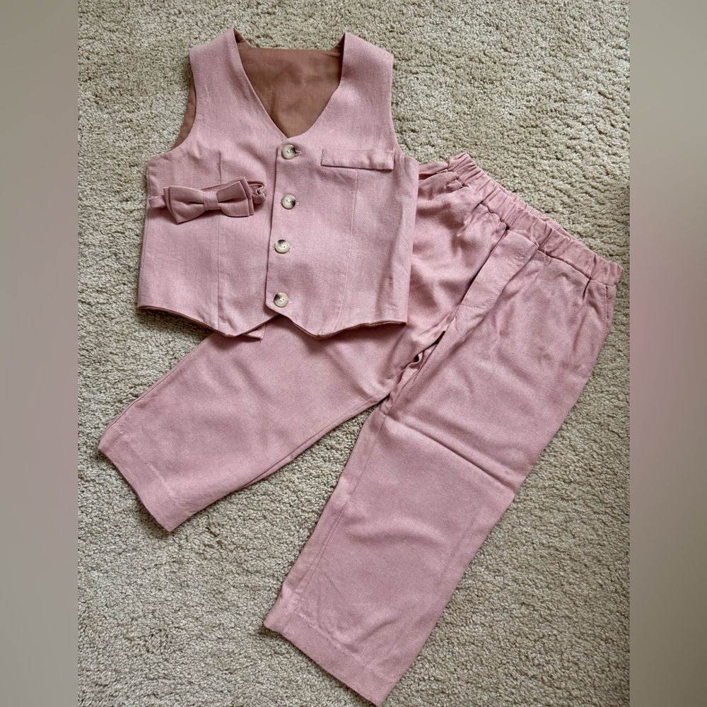Pink Boys Linen Suit Vest & Pants Set